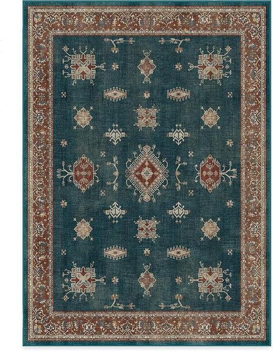 RUGGABLE Washable Vintage Area Rug – Verena Teal Blue 5x7, Stain-Resistant, Non-Slip – Medium Machine Washable Rugs for Living Room, Bedroom, Hallway, Entryway & Office–with Standard Pad