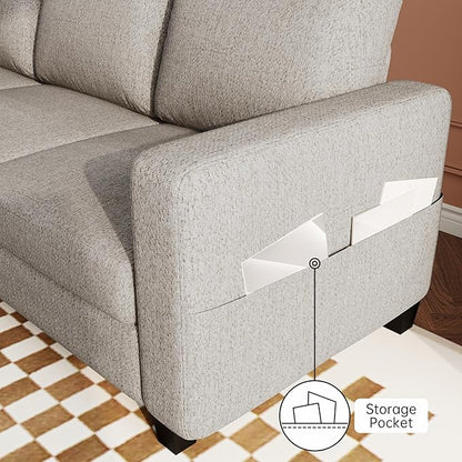 Sectional Sofa and Couches for Living Room, 78'' Brown 3 Seat L-Shaped Couch with Movable Ottoman, Comfy Linen Convertible Sectionals Sofas with Chaise for Apartment, Office, Small Space