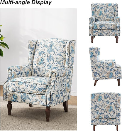Accent Chair, Upholstered High Back Floral Armchair with Nailhead Trim & Wood Legs, Comfy Wingback Reading Single Sofa Chair for Small Spaces, Living Room, Bedroom-Boho Blue Floral, Set of 1