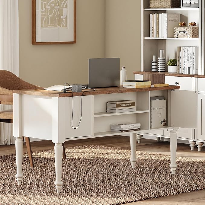 WAMAPT Farmhouse Executive Desk with 5 Drawers, Home Office Desk with Charging Station, Wood Computer Desk with File Cabinet Storage, Door, Open Shelf for Work and Study, White, 55 inch