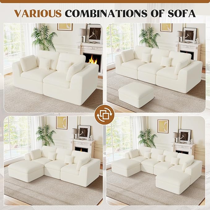 115" Cloud Boneless Sectional Couch, Deep Seat L Shaped Modular Couch with Ottoman, Oversized Upholstered Convertible 4 Seater Modular Sofa for Living Room,Beige Chenille
