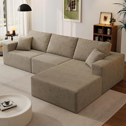 110" Boneless Cloud Sectional Couch for Living Room, Compressed Modular L-Shaped Sofa with Deep Seat, Frameless Corduroy Couch in Boxes, No Assembly Required 3-Seater (Right-Facing Chaise, Grey)