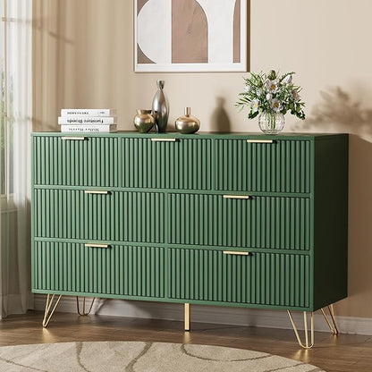 Dresser for Bedroom, Fluted Modern Dresser with Gold Pulls and 7 Drawers, 15.7" D x 47.2" W x 31.4" H, Green