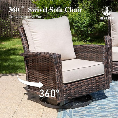 HERA'S HOUSE Outdoor Furniture, 2 x High Back Swivel Patio Chairs with 5.5" Cushions Wicker Rattan Deck Balcony Porch Furniture, Beige