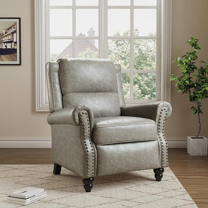 Pushback Recliner Chair, Faux Leather Wingback Recliner Chair, Upholstered Armchair Push Back Recliner with Wood Legs, Rivet Trim Single Sofa Accent Chair for Living Room, Bedroom, Gray