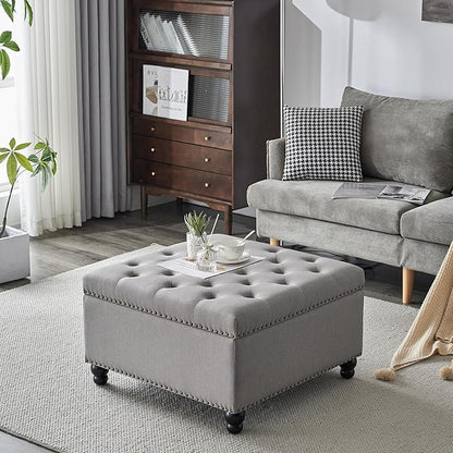 Ottoman with Storage, Large Storage Ottoman, 30 in Square Ottoman Coffee Table,Tufted Upholstered Coffee Tables for Living Room, Grey