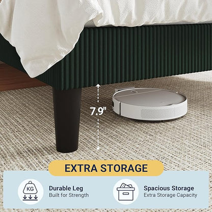 Allewie Queen Size Upholstered Bed Frame with Vertical Channel Tufted Headboard, Soft Corduroy Fabric Platform Bed, Strong Wooden Slats Support, Easy Assembly, No Box Spring Needed, Dark Green