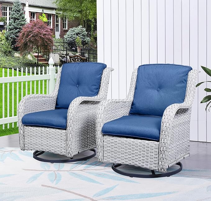 HUMMUH 3-Piece Swivel Rocking Rattan Chair Outdoor,Patio Bistro Furniture Conversation Set,Wicker Chair with Glass Side Table(Light Grey,Blue)