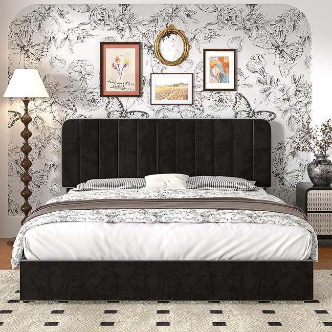 VECELO King Size Upholstered Bed Frame with 4 Drawers and Headboard, Velvet Platform Storage Bedframe, Wooden Slats Support, No Box Spring Needed,Black
