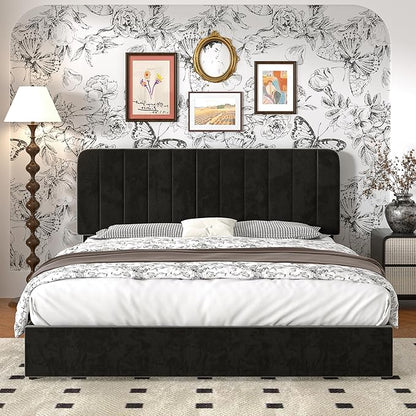 VECELO Full Size Upholstered Bed Frame with 4 Drawers and Headboard, Velvet Platform Storage Bedframe, Wooden Slats Support, No Box Spring Needed,Black