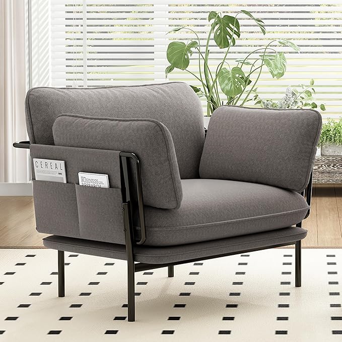 Modern Accent Chairs Set of 2, Oversized Living Room Chairs, Reading Chair with Solid Metal Legs, Fabric Armchair with Side Pockets and 2 Pillows, Accent Chairs for Bedroom, Nursery, Khaki