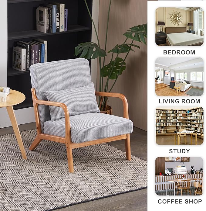 Accent Chairs, Mid-Century Modern Chair with Pillow, Armchair with Solid Wood, Reading Relaxing Leisure Chair for Living Room（Light Grey）