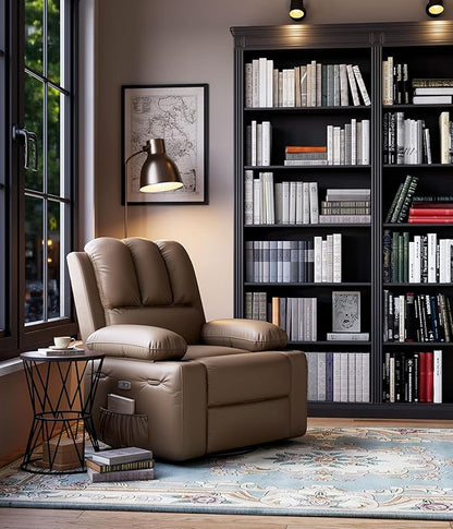 27" Oversized Power Recliner Chair, Faux Leather Rocking Chair with Heat & Massage, 360° Swivel Modern Electric Recliner with Cup Holder ＆ USB Charging for Living Room, Bedroom, Nursery - Khaki