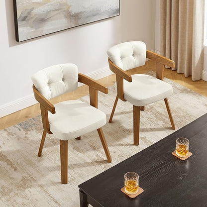 Art Leon Modern Dining Chairs - Set of 2 Mid Century Dining Chairs Fabric Upholstered Swivel Chairs Comfy Desk Chair No Wheels Accent Arm Chair for Kitchen Living Room Study, Off White/Walnut