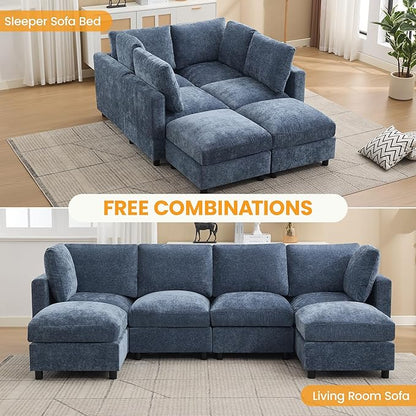4-Seater Modular Sectional Cloud Sofa with 2 Ottomans, U-Shaped Couch for Living Room, Modern Deep Seat Sofa with Soft Back Cushions, Chenille Blue