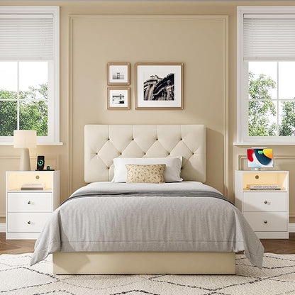Upholstered Twin Headboard, Twin Headboard Only for Bed Frame from 27”-41”, Adjustable Height Twin XL Headboard with Durable Solid Wood Legs, Fabric Bed Headboard in Modern Button Design, Beige