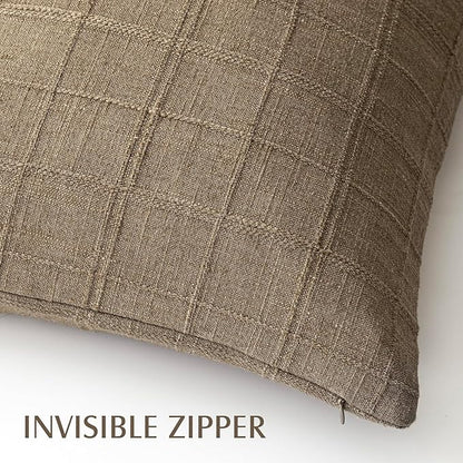 Foindtower Set of 2 Decorative Linen Check Throw Pillow Covers Neutral Farmhouse Vintage Cushion Covers Modern Boho Home Decor for Sofa Chair Couch Bedroom Living Room,22×22 Inch,Light Brown