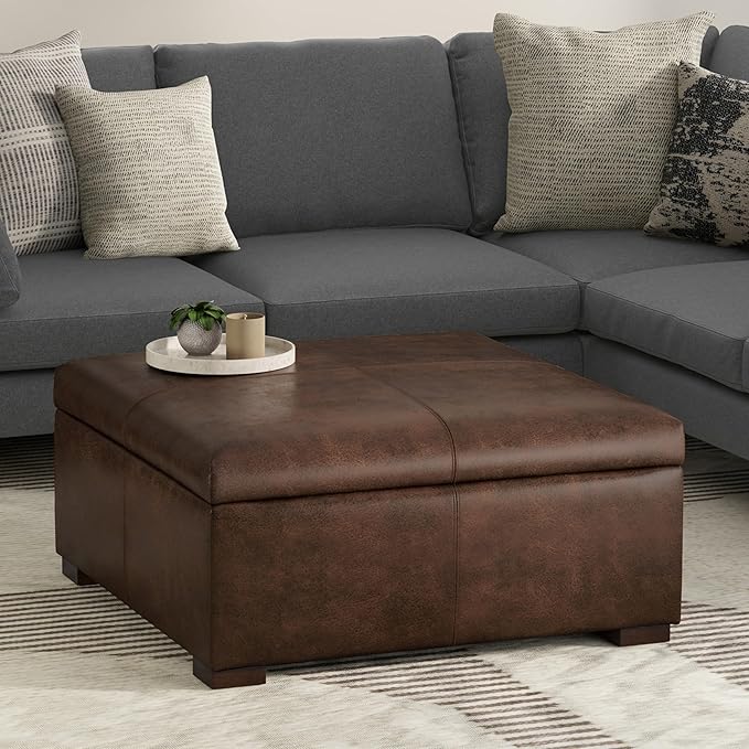 SIMPLIHOME Gabbie 36 inch Wide Contemporary Square Square Coffee Table Storage Ottoman in Distressed Chestnut Brown Vegan Faux Leather, Assembled, for The Living Room, Entryway and Family Room