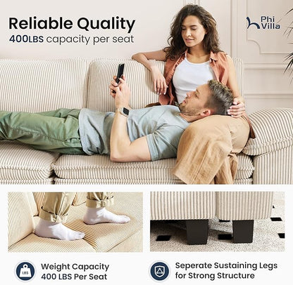 PHI VILLA Indoor Lounge Sofa Chair, One-Person Oversized Sectional Sofa with Ottoman, Single Chaise with Upholstered Deep Seat for Bedroom Reading, Corduroy Fabric, Beige