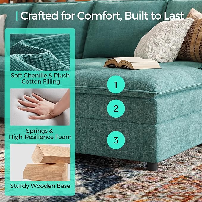 LINSY HOME Modular Cloud Couch, 113" L Shaped Sectional Sofa with Double Layer Cushions and Ottoman, Chenille 4 Seater Sofa Set for Living Room, Apartment, Green
