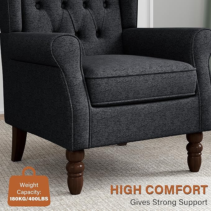 High Back Accent Chairs Set of 2, High Wingback Chair for Living Room, Button-Tufted Upholstered Fabric Armchair with Solid Wood Legs, Comfy Single Sofa Reading Chair for Bedroom, Dark Navy