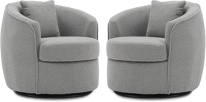 Swivel Accent Chair Set of 2, Modern Upholstered Boucle Barrel Arm Chairs with Pillow for Living Room, 360 Degree Round Swivel Sherpa Armchair with Round Base for Bedroom Club (2, Grey)