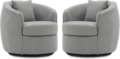 Swivel Accent Chair Set of 2, Modern Upholstered Boucle Barrel Arm Chairs with Pillow for Living Room, 360 Degree Round Swivel Sherpa Armchair with Round Base for Bedroom Club (2, Grey)