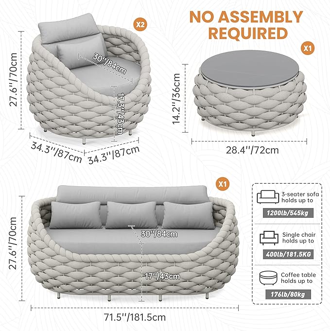 4 Pieces Woven Rope Patio Conversation Set: Rustproof Aluminum Frame, Weather Resistant, Thick Cushions, No Assembly, Easy to Clean, Comfy Outdoor Sofa Set for Porch Deck Yard Hotel - Gray