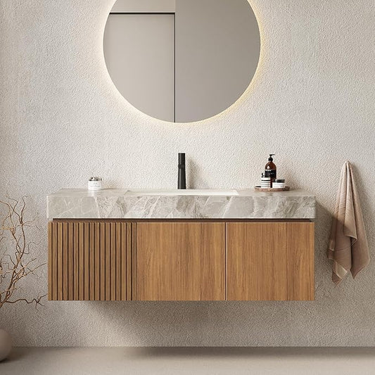 48 Inch Floating Bathroom Vanity with Sink Espresso, Wall-Mounted Farmhouse Bathroom Vanity with Drawer and Doors, Light Gray Sintered Stone Countertop and Ceramic Basin, Pre-Assembled