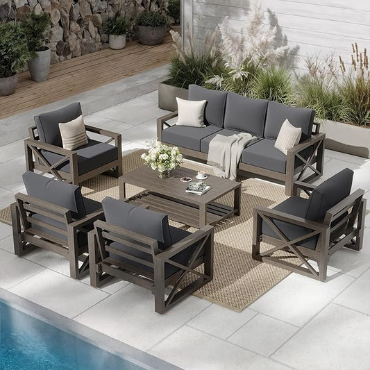 UDPATIO 6 Piece Aluminum Patio Furniture Set 7 Seats Modern Outdoor Furniture Faux Wood Grain Patio Conversation Sets with Olefin Fabric Thick Cushions, 600D Waterproof Cover Included, Dark Grey