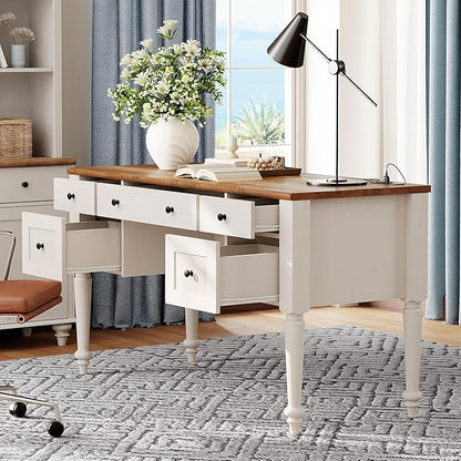 WAMAPT Farmhouse Executive Desk with 5 Drawers, Home Office Desk with Charging Station, Wood Computer Desk with File Cabinet Storage, Door, Open Shelf for Work and Study, White, 55 inch