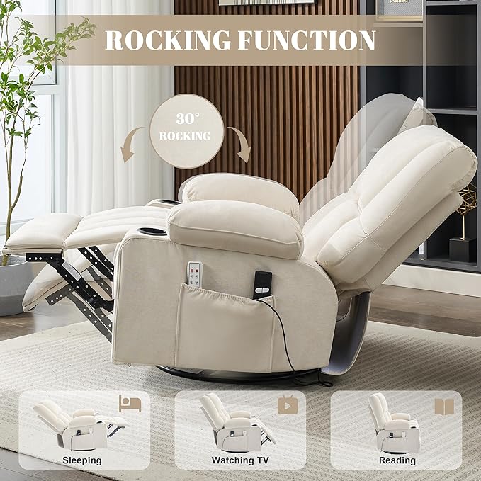 Swivel Rocker Chair with Heat and Massage, 270° Power Recliner Chairs for Adults, USB and Type-C Ports, Oversized Recliner Single Sofa, Electric Glider Chair(Beige)