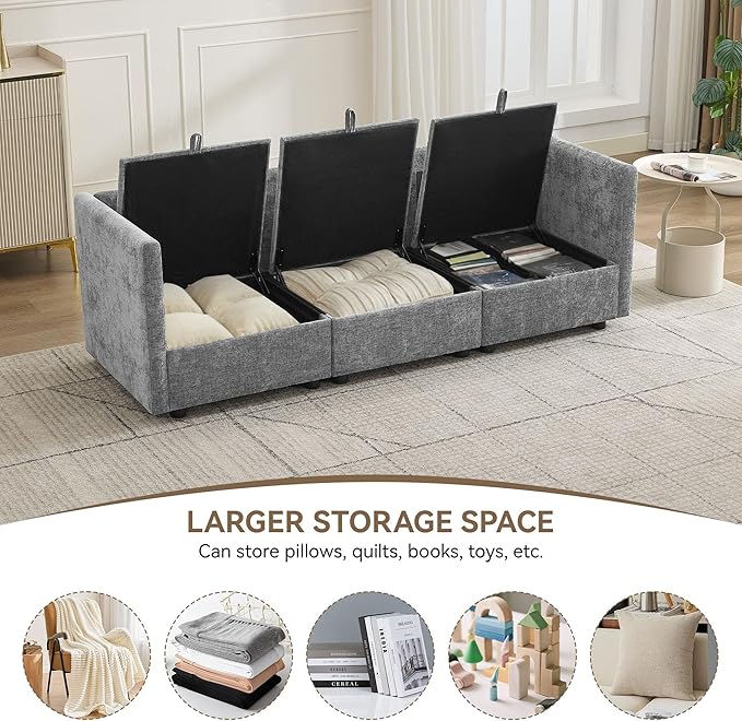 80" Cloud Modular 3 Seater Sofa with Storage, Modern Upholstered Storage Sofa Couch Deep Seat, Sectional Sofa Chenille Comfy Couch with Armrests for Living Room, Small Space, Light Grey