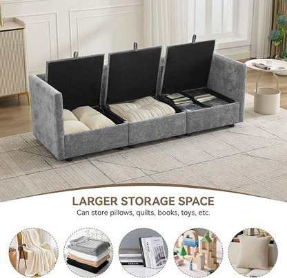 80" Cloud Modular 3 Seater Sofa with Storage, Modern Upholstered Storage Sofa Couch Deep Seat, Sectional Sofa Chenille Comfy Couch with Armrests for Living Room, Small Space, Light Grey