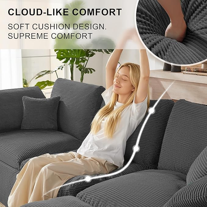 143" Cloud Sectional Couch, Boneless couches for Living Room，U Shaped Couch with Convertible Ottoman, Modular Sectional Sofa with Deep Seat, Comfy Soft Cushions, No Assembly, Gray