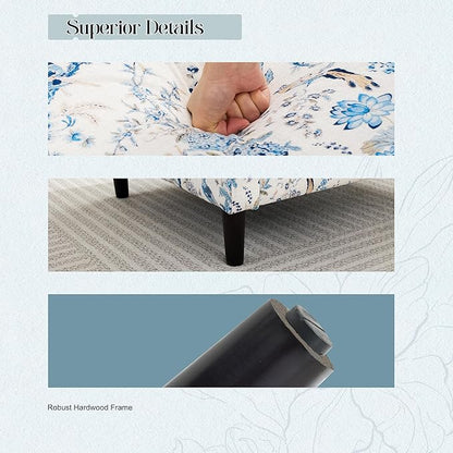 Mid-Century Accent Chair,Modern Linen Fabric Armchair for Living Room,Comfy Upholstered Reading Accent Chairs for Bedroom,Single Sofa Chair with Wood Legs (Blue Flowered Bird, 2 Pack)