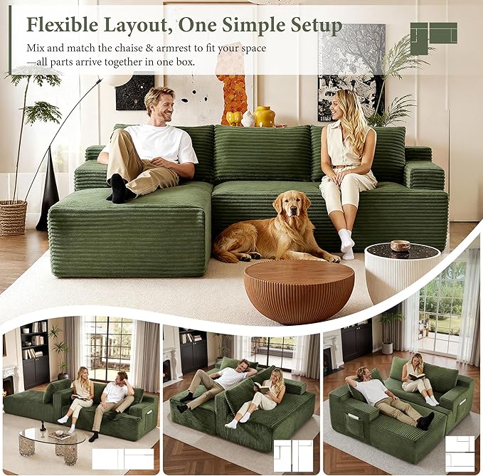 96''Sectional Couches for Living Room,Modern Modular Sectional Sofa,Upholstered Boneless Couch with Pockets,Comfy Cloud Couch with L Shaped Chaise(Green, 96''W Left Facing Chaise)
