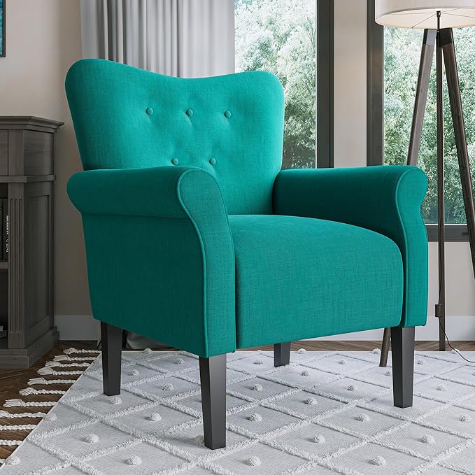 BELLEZE Modern Accent Chair, High Back Armchair, Upholstered Wingback Side Chair, Padded Single Sofa with Wooden Legs for Living Room, Bedroom - Mallard Teal
