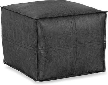 SIMPLIHOME Brody 18-inch Wide Square Pouf in Distressed Black Vegan Faux Leather, Boho-Style Ottoman, Footstool or Extra Seating for Living Room, Assembled