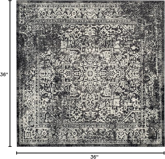 SAFAVIEH Evoke Collection Area Rug - 3' Square, Black & Grey, Distressed Design, Non-Shedding & Easy to Clean, Ideal for Foyer, Bedroom, Accent Space (EVK256R)