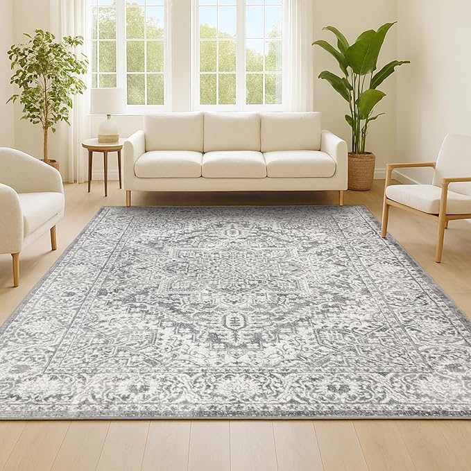 JONATHAN Y Modern Vintage Medallion Light Gray Indoor Area Rug, 9x12, Country, Floral, Easy-Cleaning for Living Room, Bedroom, Kitchen, Pet Friendly, Non-Shedding (MDP100A-9)