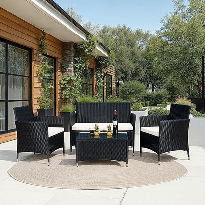 SAFAVIEH PAT7506A Collection Bandele Black and Beige 4-Piece Outdoor Living Patio Set