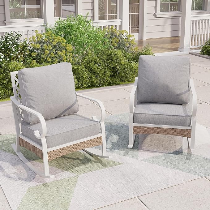 Patio Rocking Chairs Set of 2, Outdoor Sofa Chairs with Deep Seating and 5.5" Cushions, Steel Frame Porch Furniture for Lawn Backyard Deck, Light Grey
