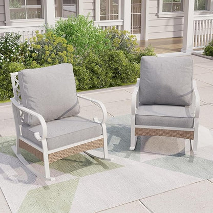 Patio Rocking Chairs Set of 2, Outdoor Sofa Chairs with Deep Seating and 5.5" Cushions, Steel Frame Porch Furniture for Lawn Backyard Deck, Light Grey
