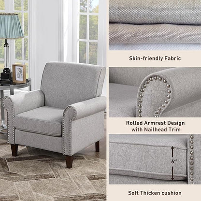 Prilinex Upholstered Living Room Chair - Large Comfy Fabric Accent Chair Single Sofa with Cushion, Rolled Armrest & Nailhead Trim, Mid Century Modern Armchair for Bedroom, Office, Grey