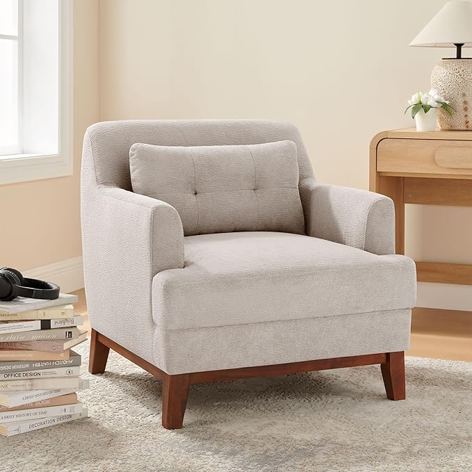 VANOMi Accent Chairs for Living Room, Mid-Century Modern Accent Chair with Armrest, Terry Fabric Cozy Reading Chairs for Adults, Bedroom, Apartment, Camel