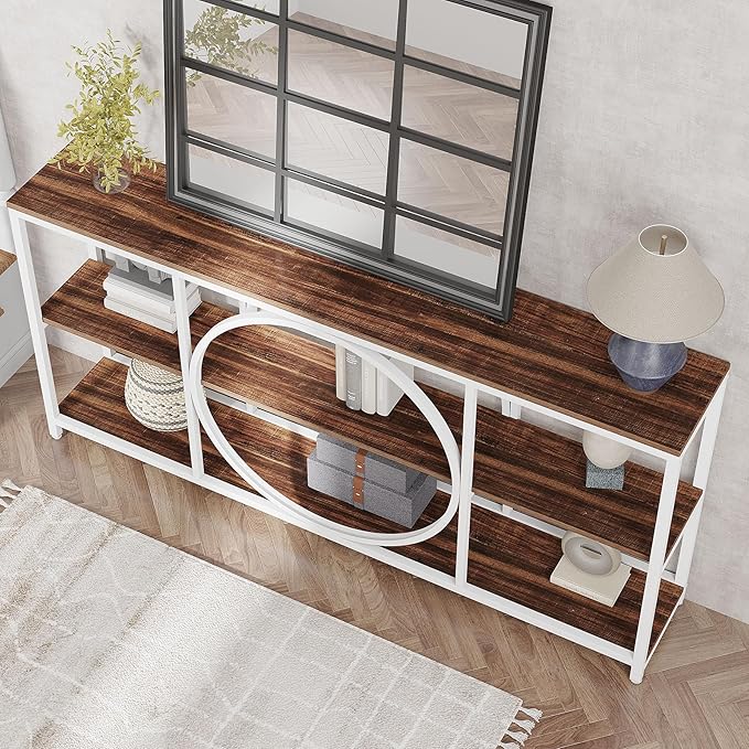 Tribesigns 70.9 inch Sofa Console Table, Extra Long Narrow Entryway Tables with 3 Tier Wood Storage Shelves Industrial Metal Frame for Foyer Hallway Living Room Behind Couch, White Walnut