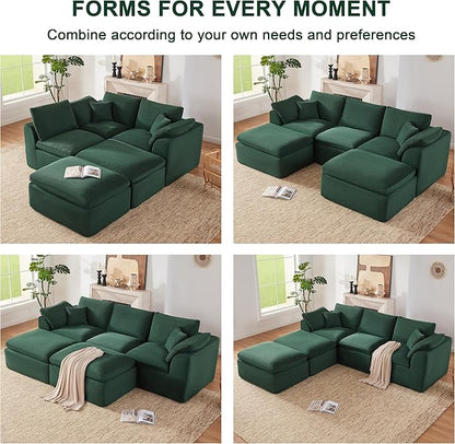 112" Cloud Sectional Couch, Boneless Couches for Living Room, U Shaped Couch with Convertible Ottoman, Modular Sectional Sofa with Deep Seat, Comfy Soft Cushions, No Assembly, Green
