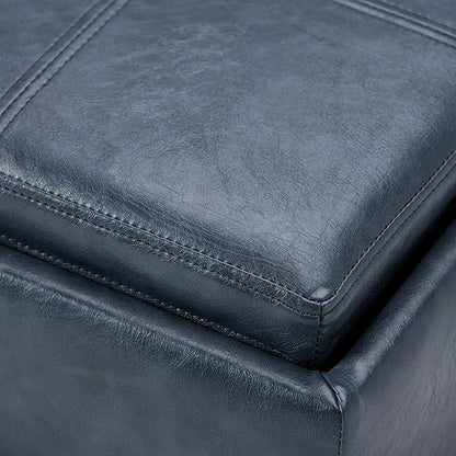 SIMPLIHOME Rockwood 18 inch Wide Contemporary Square Cube Storage Ottoman with Tray in Denim Blue Vegan Faux Leather, Assembled, For the Living Room, Entryway and Family Room