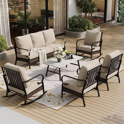 6 Piece Metal Outdoor Patio Furniture Set, Patio Conversation Set 1 3-Seater Sofa, 2 Fixed Sofa, 2 Rocking Sofa with 5.75" Thick Cushion & Coffee Table Black Backyard Furniture, Beige